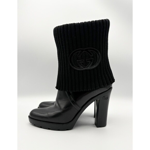 Gucci Black Leather Ankle Boots w/Knit Fold Over Accent & GG Logo Sz EU 36.5 - Picture 2 of 12